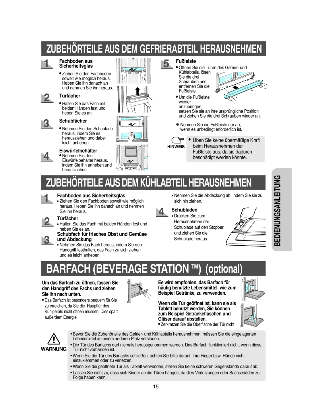 Samsung RSE8KZAS1/XEG manual Türfächer, Schubfächer, Eiswürfelbehälter, Fußleiste, Schubladen 