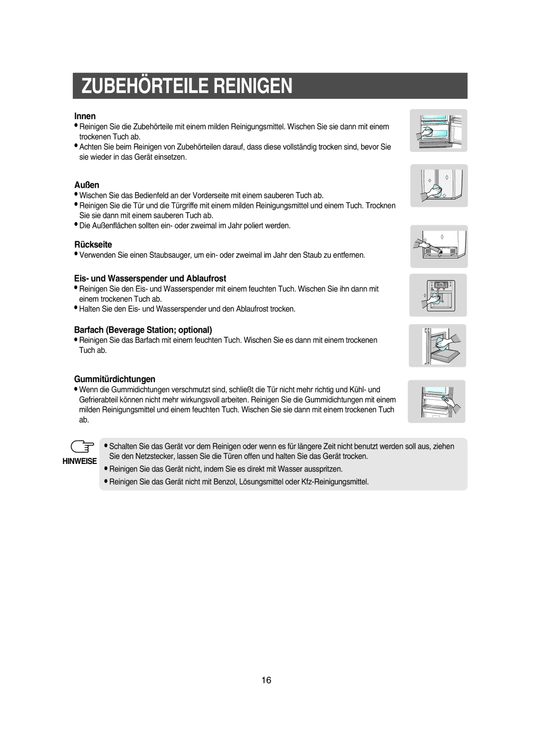 Samsung RSE8KZAS1/XEG manual Zubehörteile Reinigen 