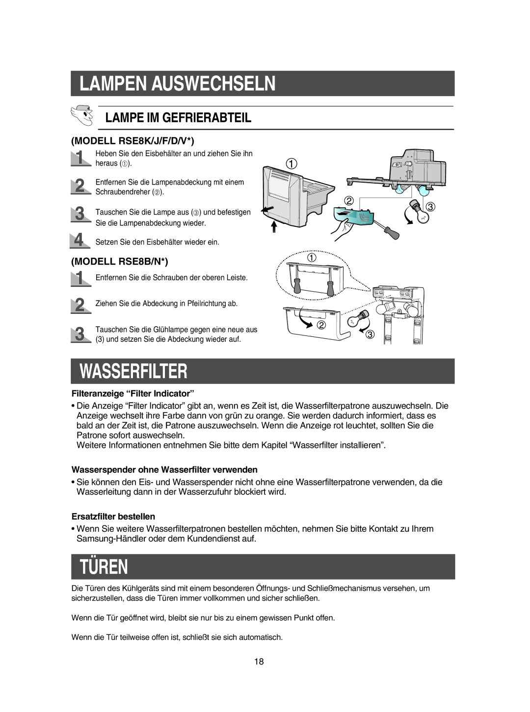 Samsung RSE8KZAS1/XEG manual Türen, Filteranzeige Filter Indicator, Wasserspender ohne Wasserfilter verwenden 