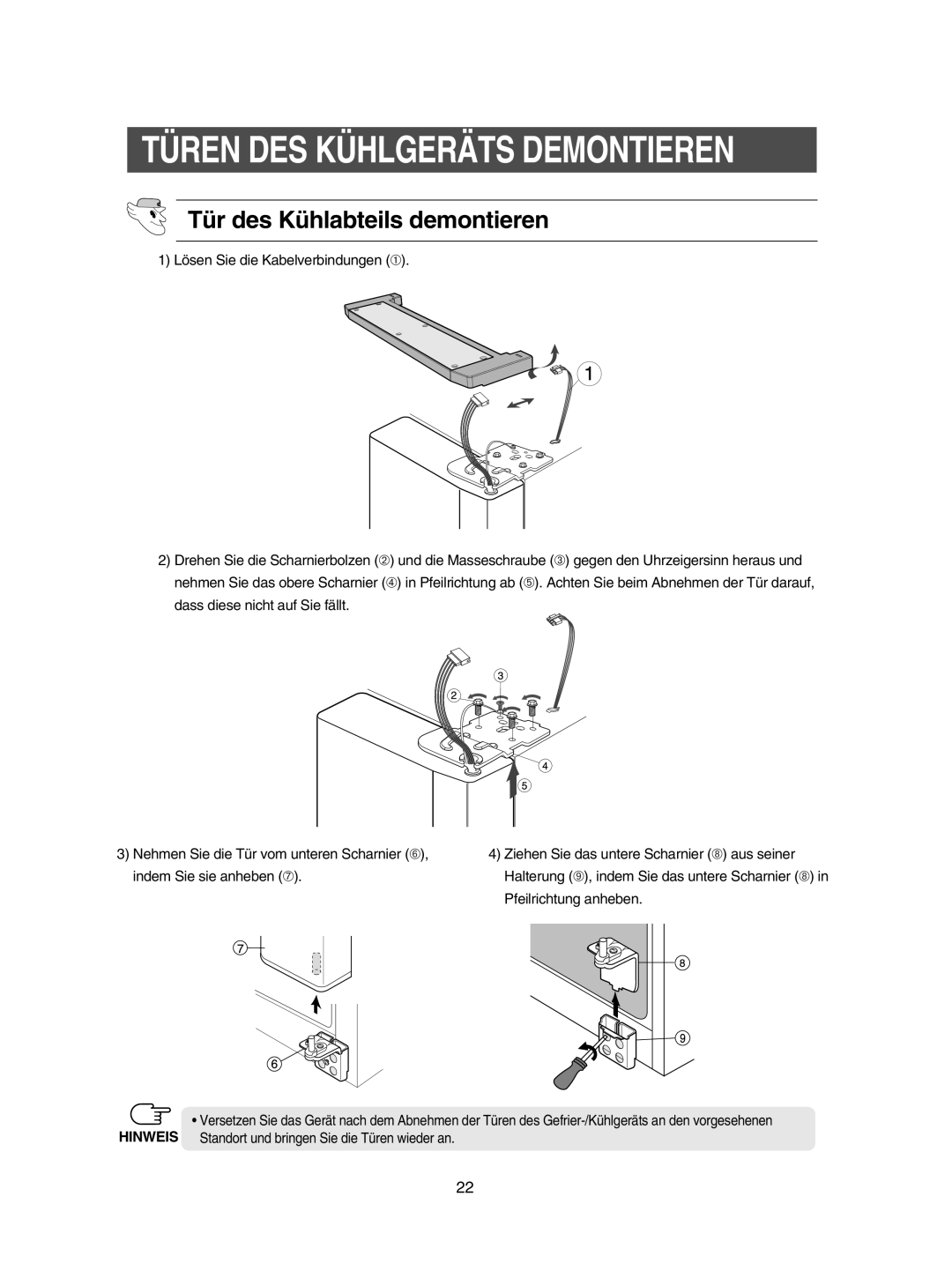 Samsung RSE8KZAS1/XEG manual Tür des Kühlabteils demontieren 