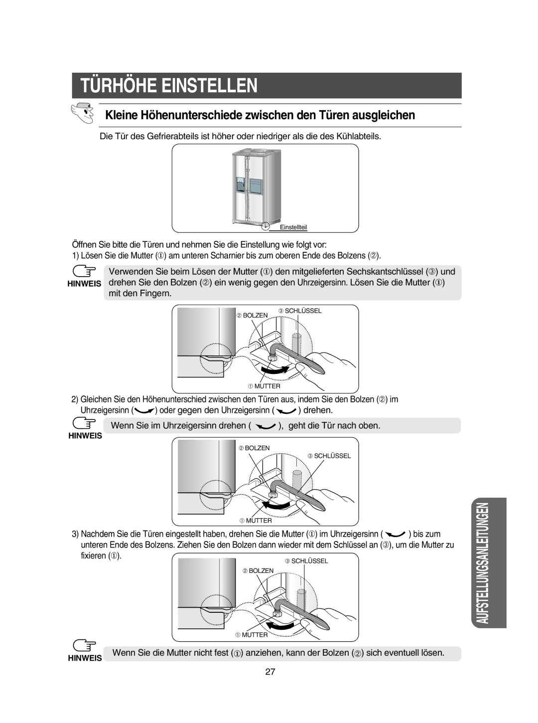 Samsung RSE8KZAS1/XEG manual Kleine Höhenunterschiede zwischen den Türen ausgleichen 