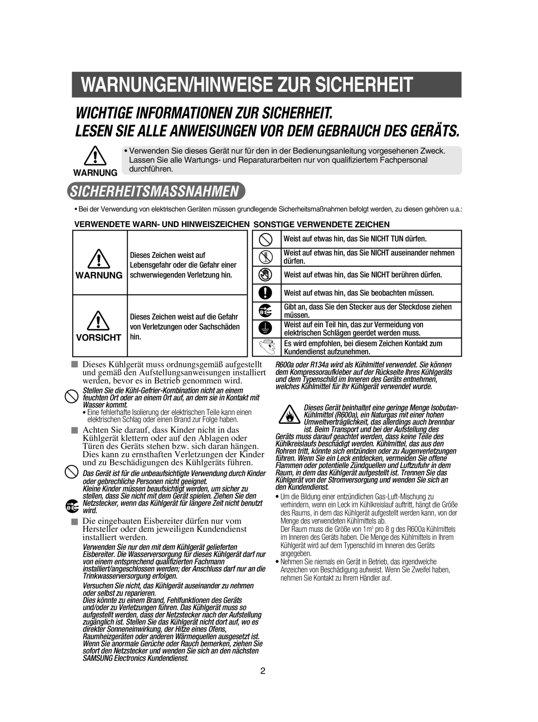 Samsung RSE8KZAS1/XEG manual WARNUNGEN/HINWEISE ZUR Sicherheit 