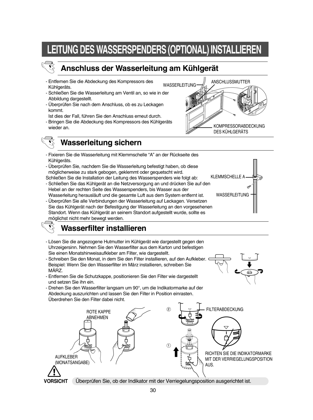 Samsung RSE8KZAS1/XEG manual Wasserleitung sichern, Wasserfilter installieren 