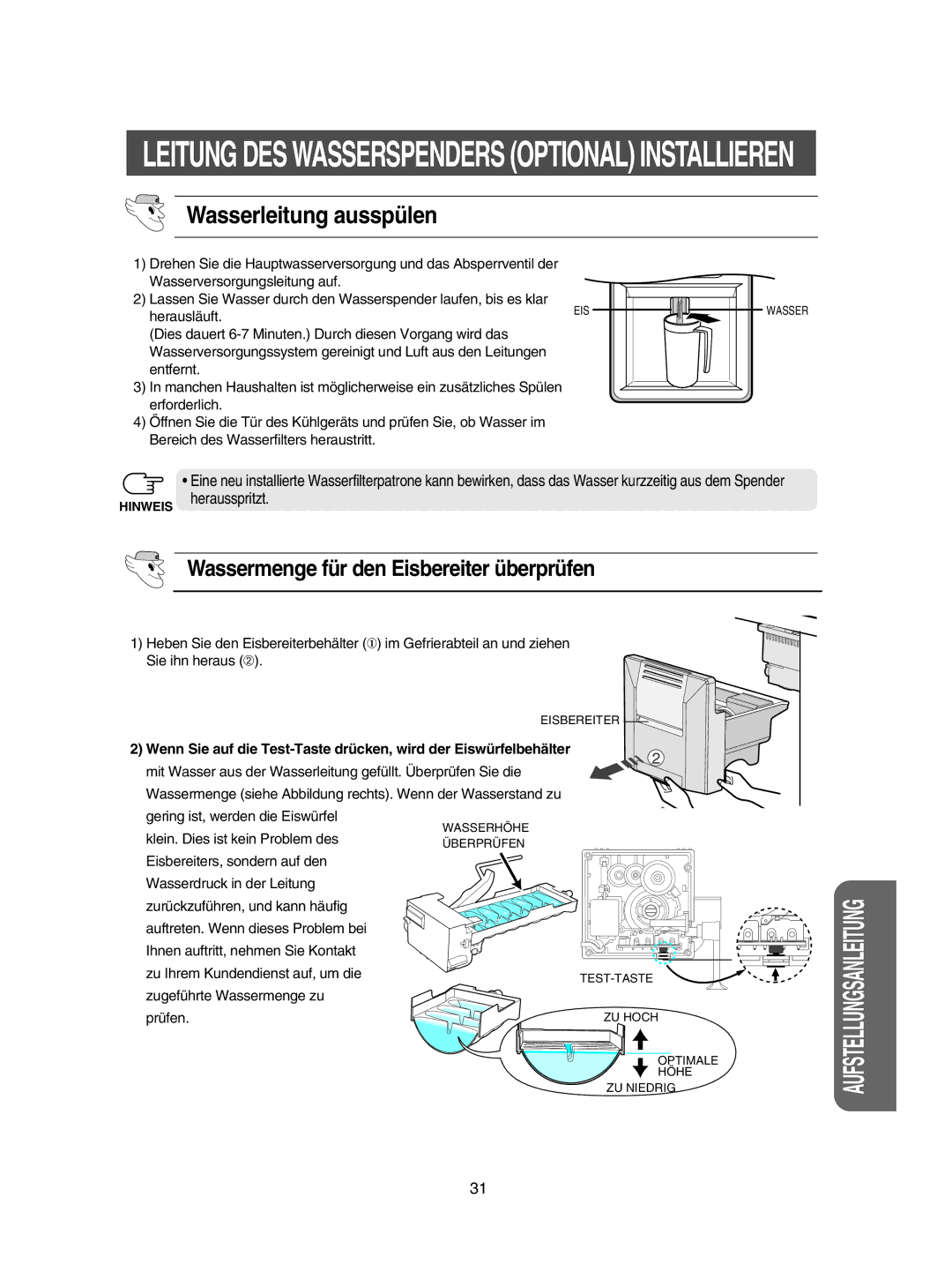 Samsung RSE8KZAS1/XEG manual Wasserleitung ausspülen, Wassermenge für den Eisbereiter überprüfen 