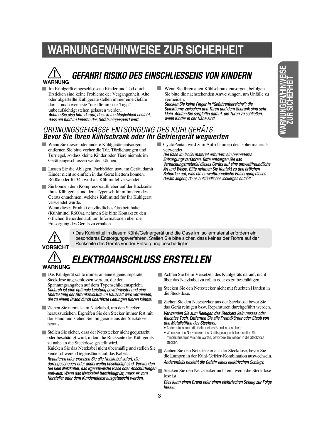 Samsung RSE8KZAS1/XEG manual WARNUNGEN/HINWEISE ZUR Sicherheit 