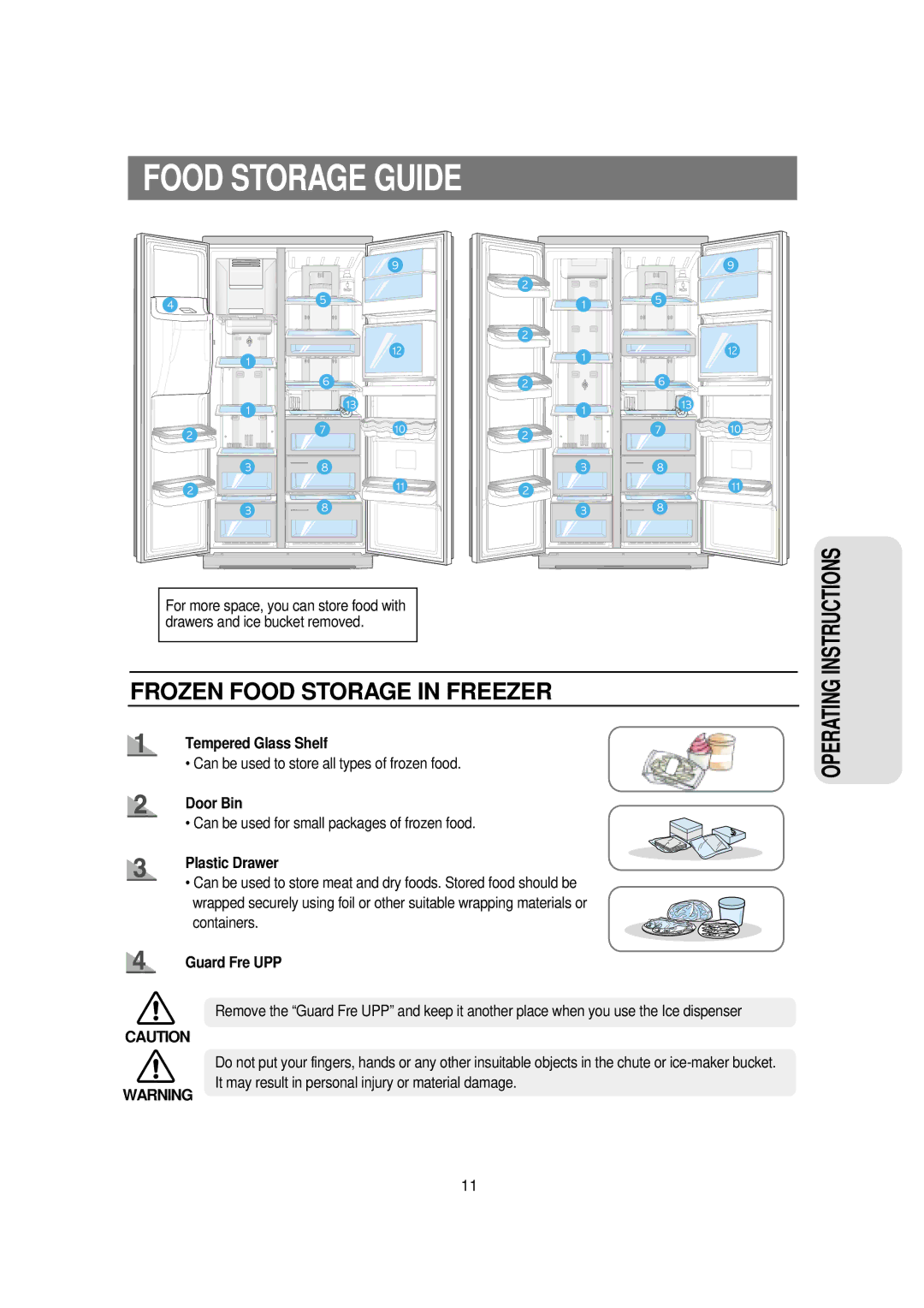 Samsung RSE8N, RSE8F, RSE8B manual Food Storage Guide, Tempered Glass Shelf, Door Bin, Plastic Drawer, Guard Fre UPP 