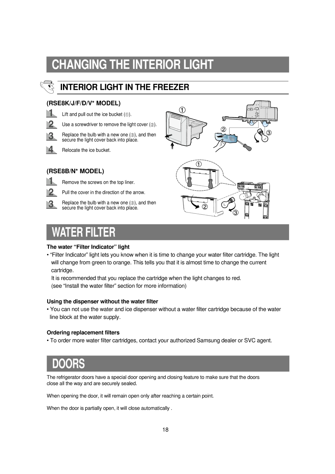 Samsung RSE8F, RSE8N, RSE8B manual Doors, Water Filter Indicator light, Using the dispenser without the water filter 