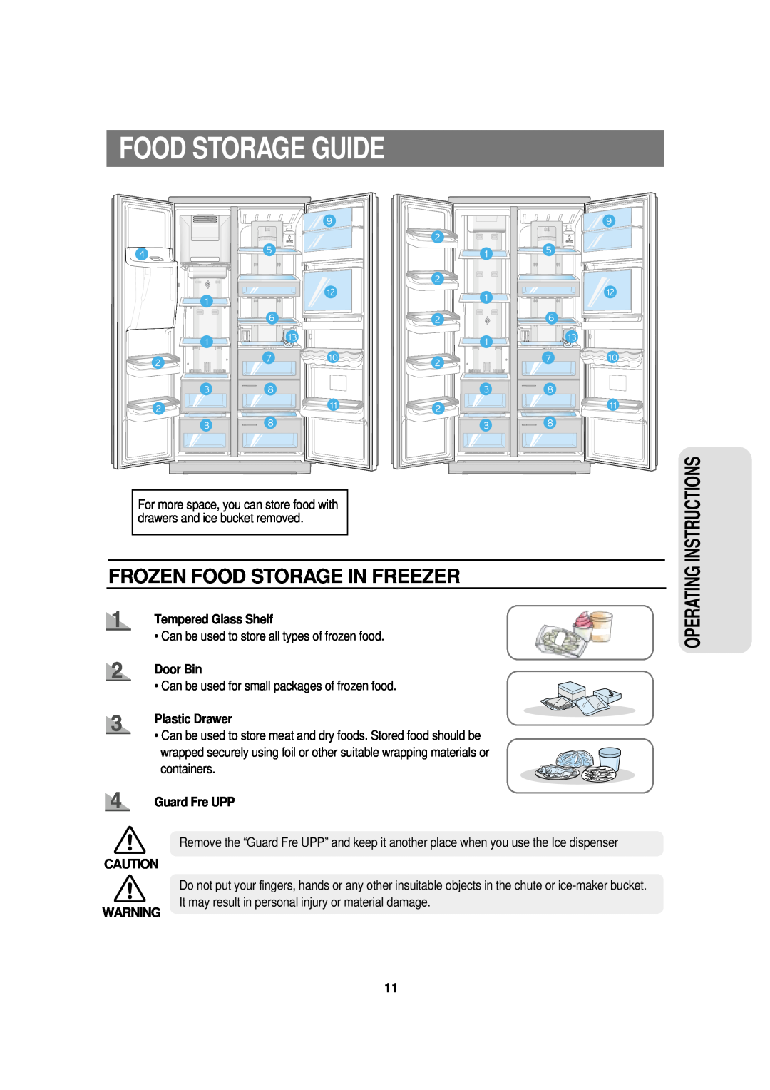 Samsung RSE8N, RSE8F Food Storage Guide, Frozen Food Storage In Freezer, Tempered Glass Shelf, Door Bin, Plastic Drawer 