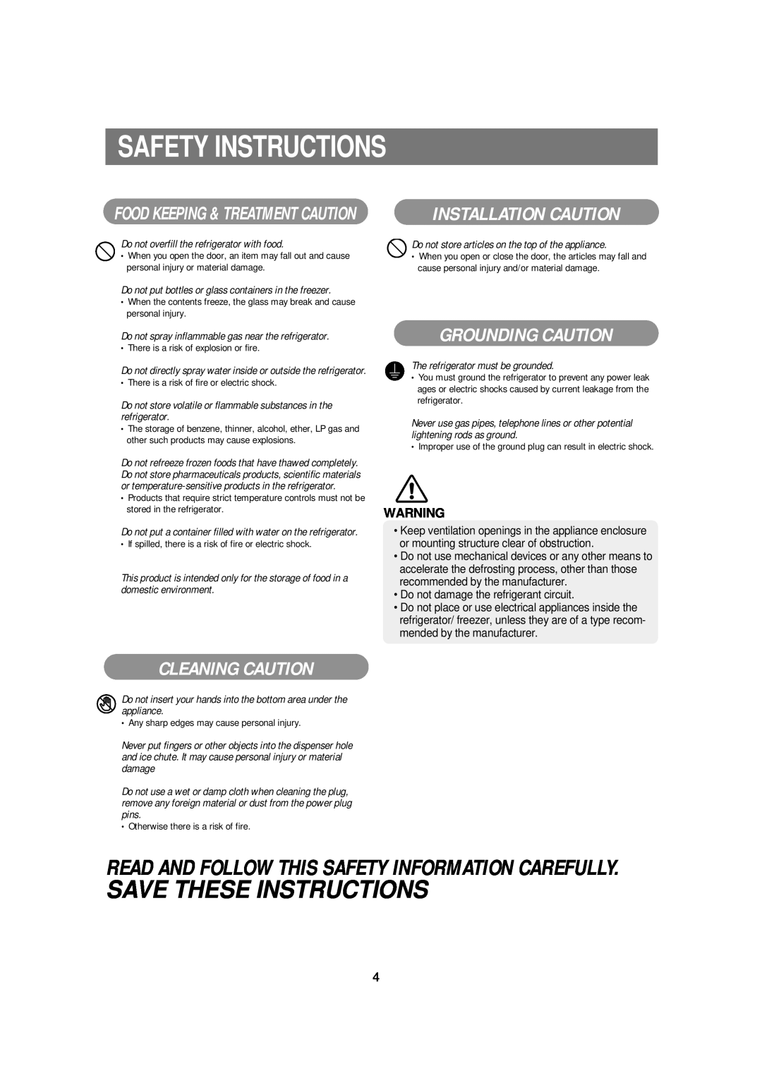 Samsung RSE8B Grounding Caution, Cleaning Caution, Safety Instructions, Save These Instructions, Installation Caution 