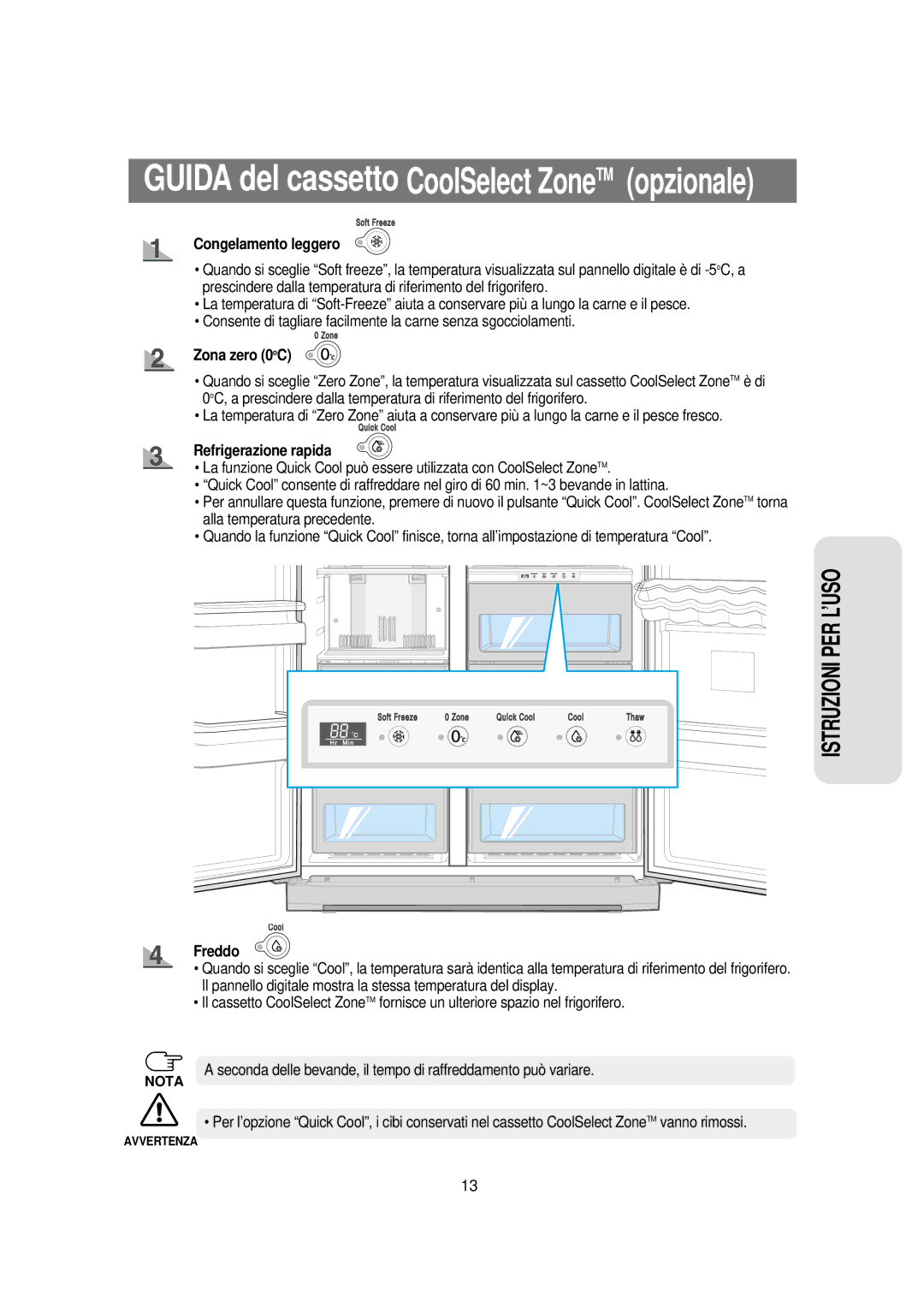 Samsung RSE8KPUS1/XET, RSE8NPPS1/XET, RSE8VPUS1/XET manual Congelamento leggero, Zona zero 0oC, Refrigerazione rapida, Freddo 