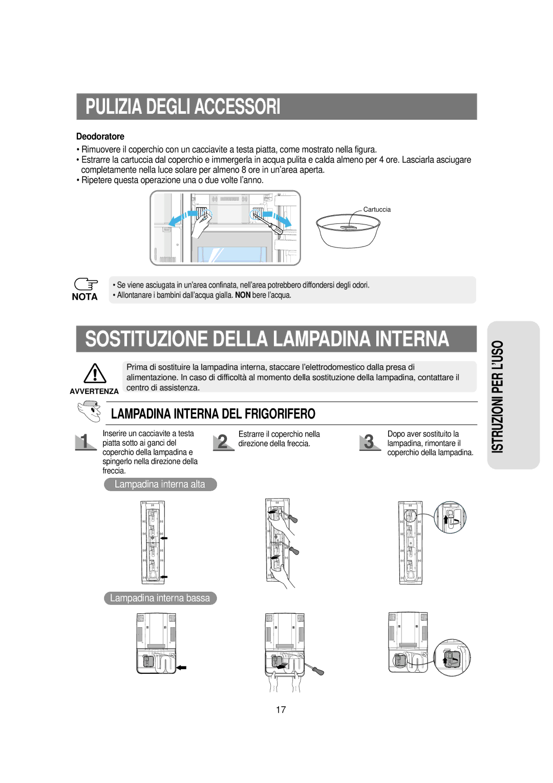 Samsung RSE8JPPS1/XET, RSE8NPPS1/XET, RSE8VPUS1/XET, RSE8DZAS1/XET manual Lampadina Interna DEL Frigorifero, Deodoratore 