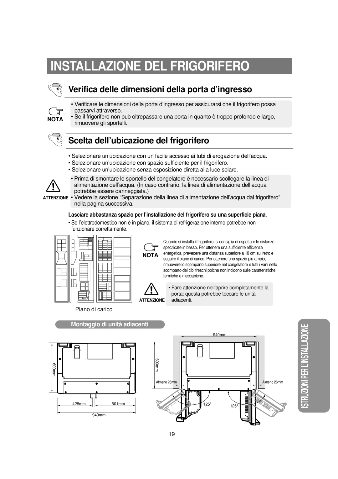 Samsung RSE8NPPS1/XET, RSE8VPUS1/XET manual Installazione DEL Frigorifero, Verifica delle dimensioni della porta d’ingresso 