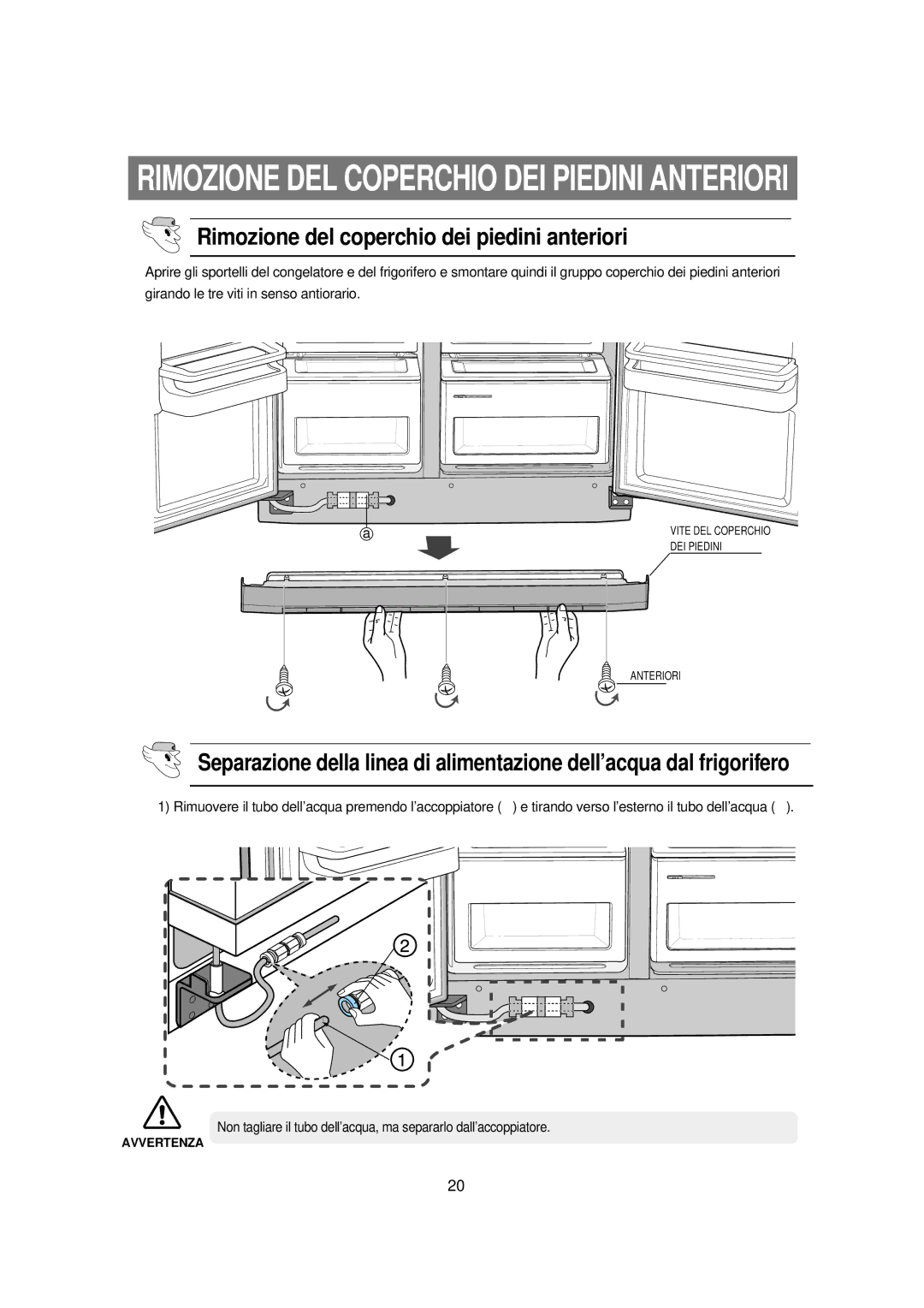 Samsung RSE8VPUS1/XET manual Rimozione DEL Coperchio DEI Piedini Anteriori, Rimozione del coperchio dei piedini anteriori 