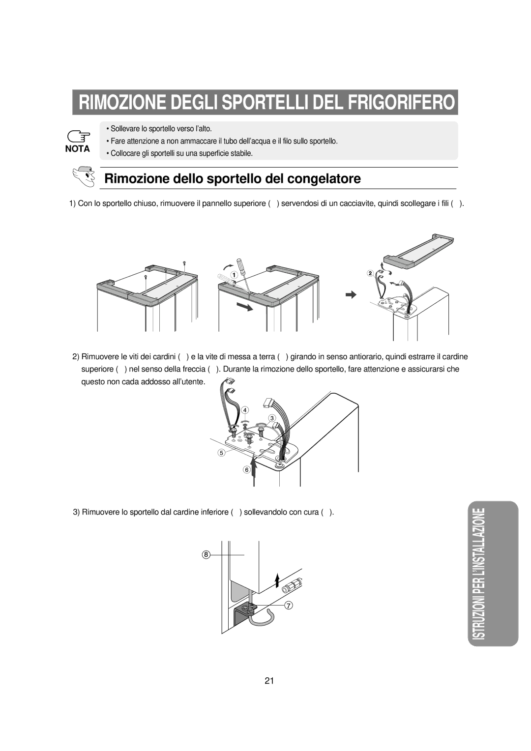 Samsung RSE8DZAS1/XET, RSE8NPPS1/XET Rimozione Degli Sportelli DEL Frigorifero, Rimozione dello sportello del congelatore 