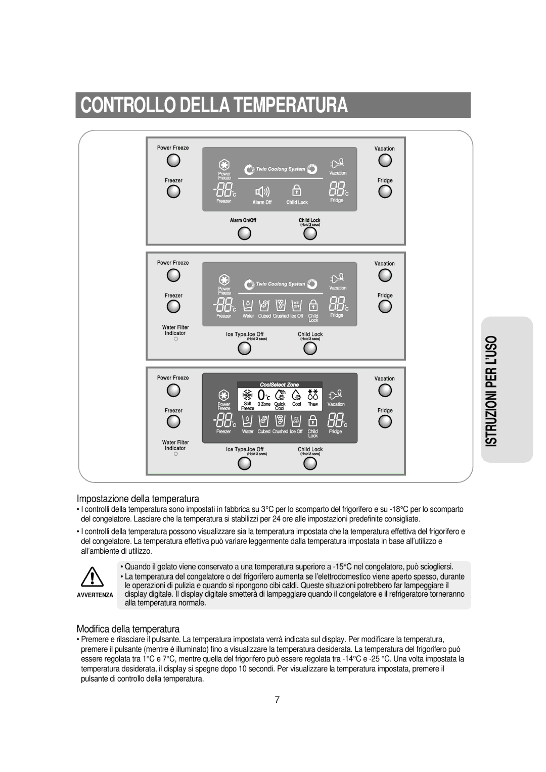 Samsung RSE8JPPS1/XET, RSE8NPPS1/XET, RSE8VPUS1/XET manual Controllo Della Temperatura, Impostazione della temperatura 