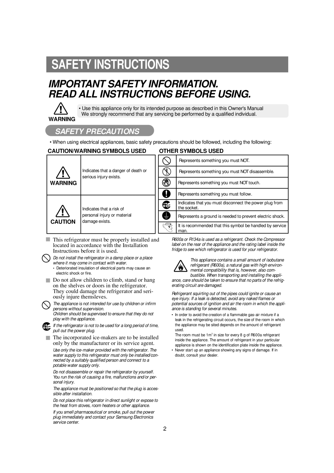 Samsung RSE8JPPS1/XET, RSE8NPPS1/XET, RSE8VPUS1/XET, RSE8DZAS1/XET, RSE8KPUS1/XET Safety Instructions, Safety Precautions 