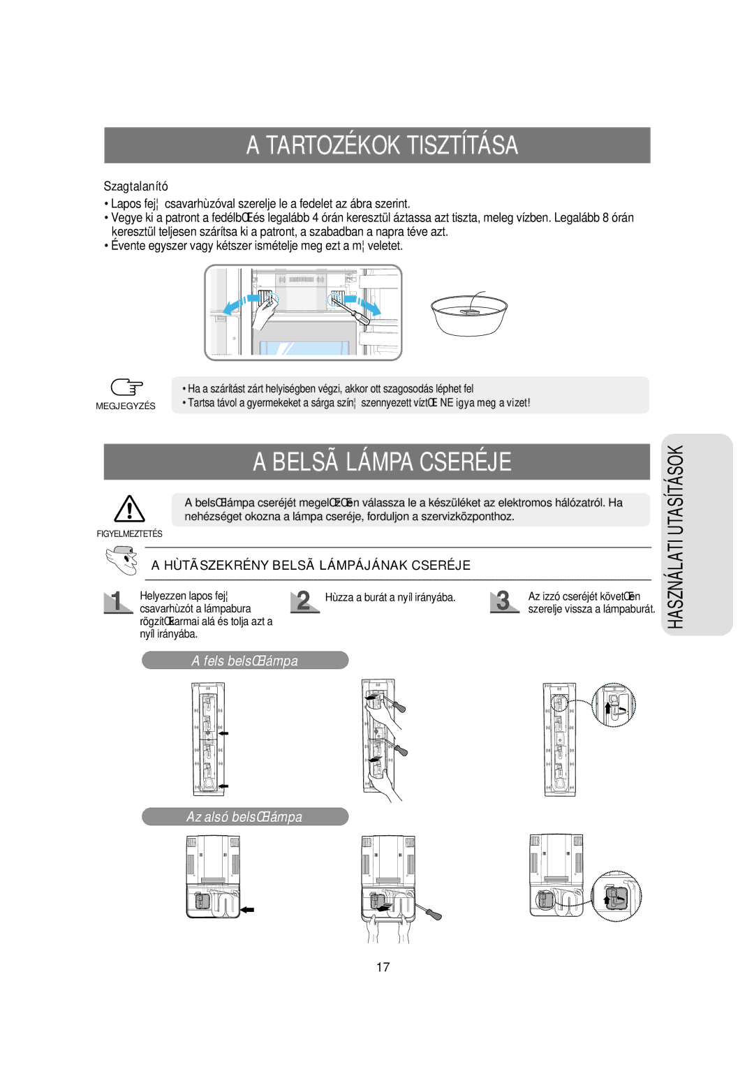 Samsung RSE8DPPS1/XEH, RSE8VPUS1/XET manual Belsã Lámpa Cseréje, Szagtalanító, Hùtãszekrény Belsã Lámpájának Cseréje 