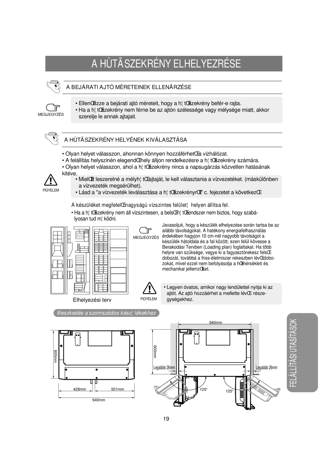 Samsung RSE8VPUS1/XET Hùtãszekrény Elhelyezrése, Bejárati Ajtó Méreteinek Ellenãrzése, Hùtãszekrény Helyének Kiválasztása 