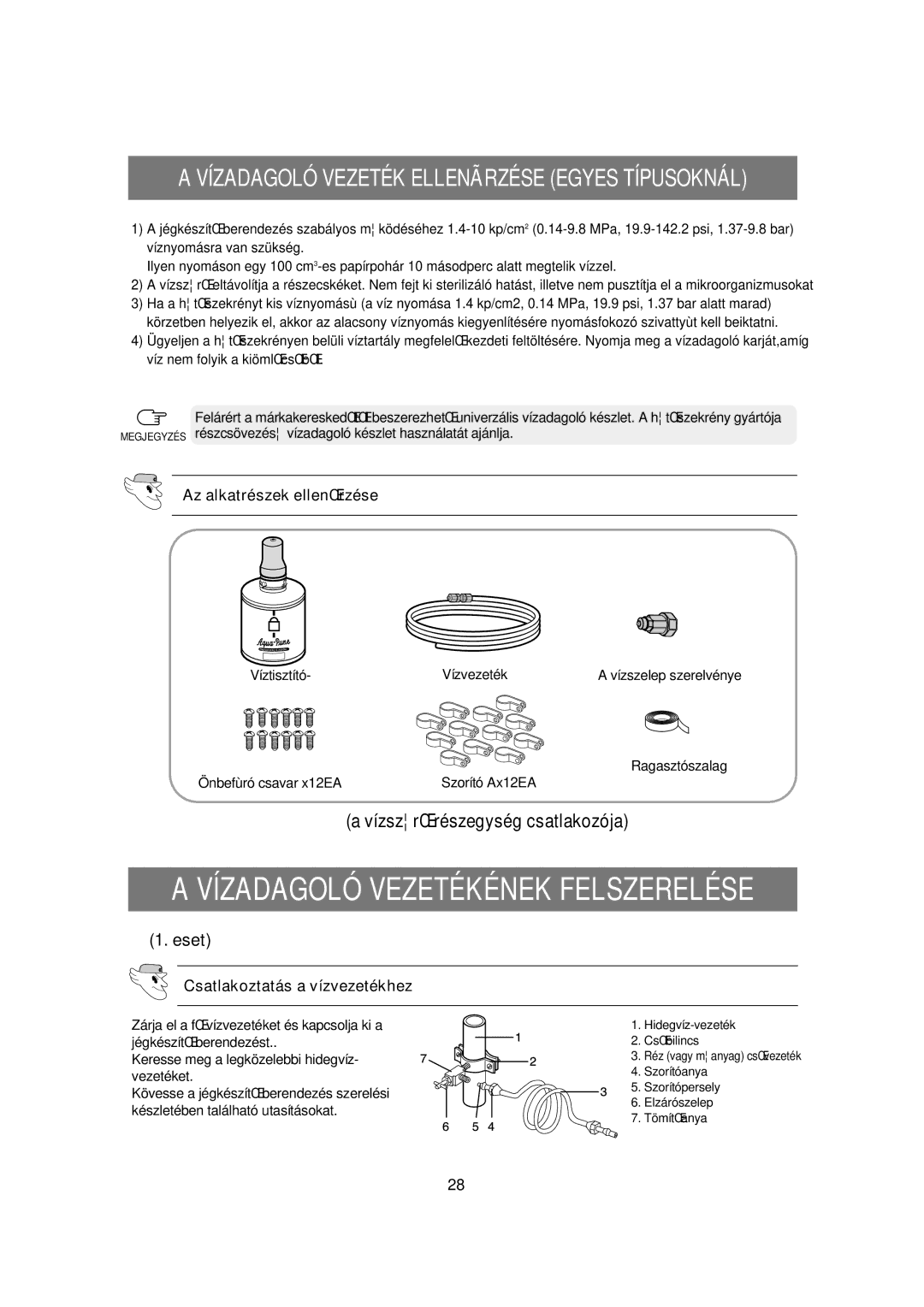 Samsung RSE8KPUS1/XEO Vízadagoló Vezetékének Felszerelése, Az alkatrészek ellenŒrzése, Csatlakoztatás a vízvezetékhez 