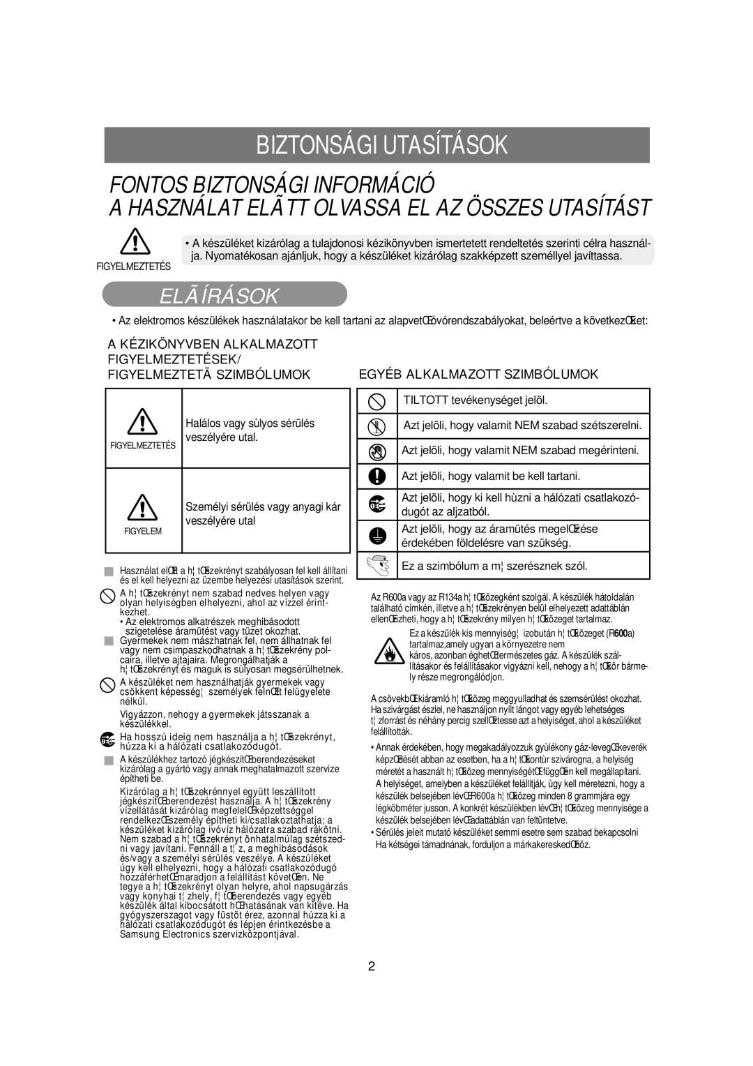 Samsung RSE8DPPS1/XEH Biztonsági Utasítások, Egyéb Alkalmazott Szimbólumok, Halálos vagy sùlyos sérülés veszélyére utal 