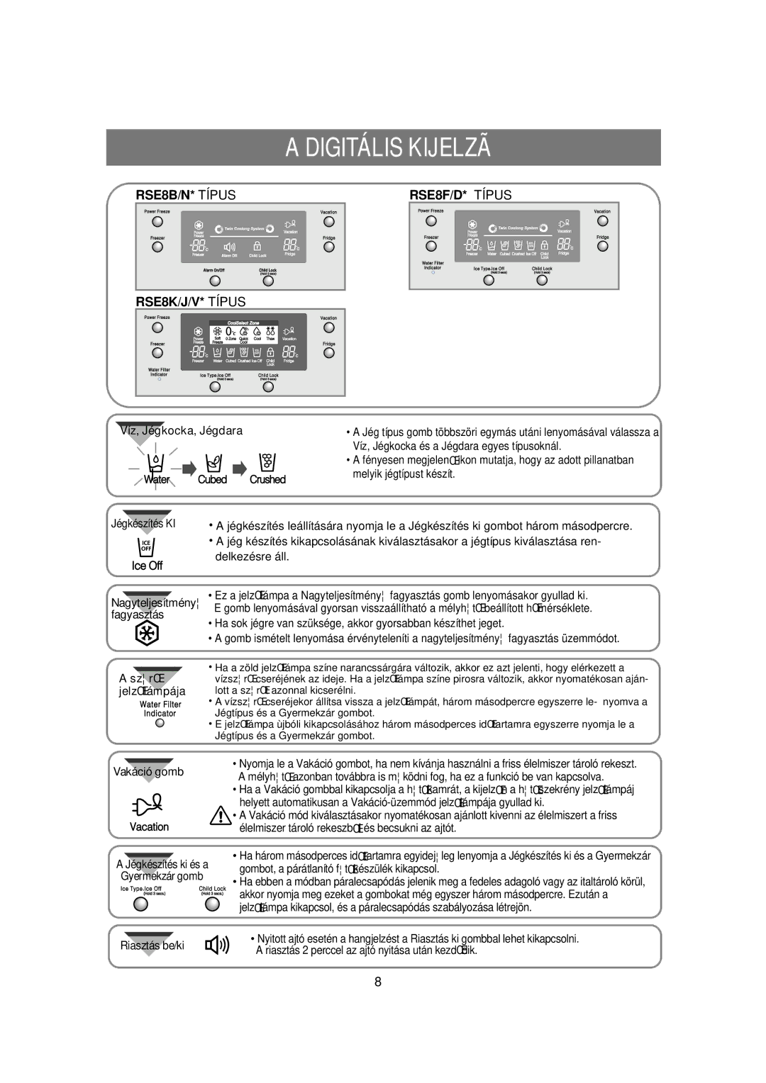 Samsung RSE8KPUS1/XEO, RSE8VPUS1/XET, RSE8KPUS1/XEH, RSE8KPPS1/XEH Digitális Kijelzã, Víz, Jégkocka, Jégdara, Jégkészítés KI 