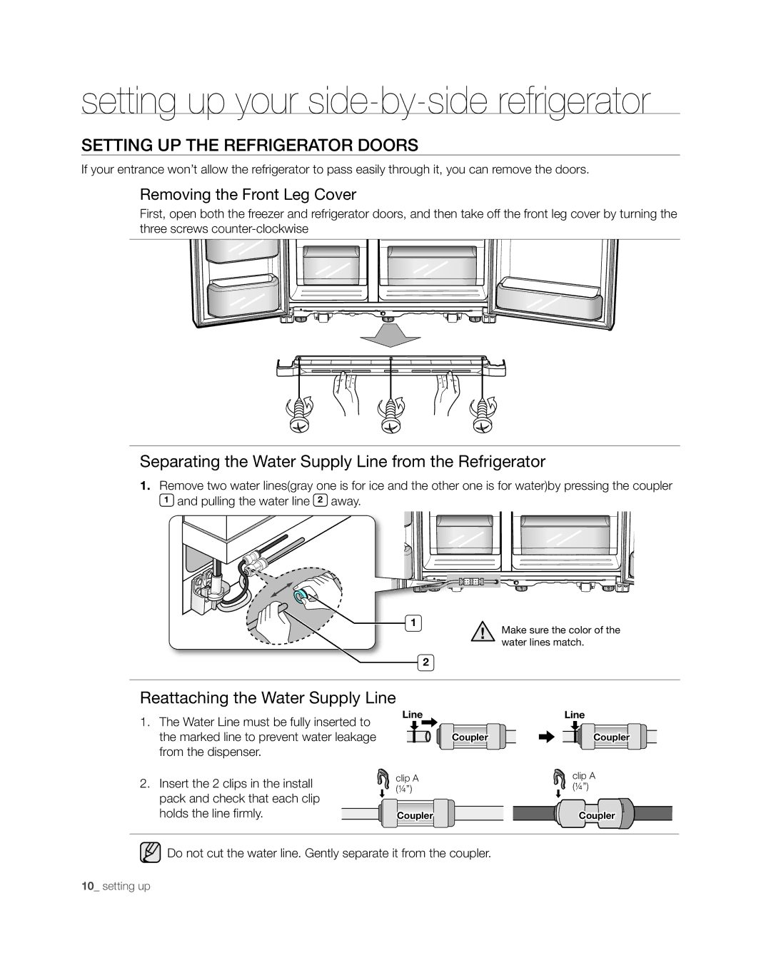 Samsung RSG257 user manual Setting UP the refrigerator doors, Separating the Water Supply Line from the Refrigerator 