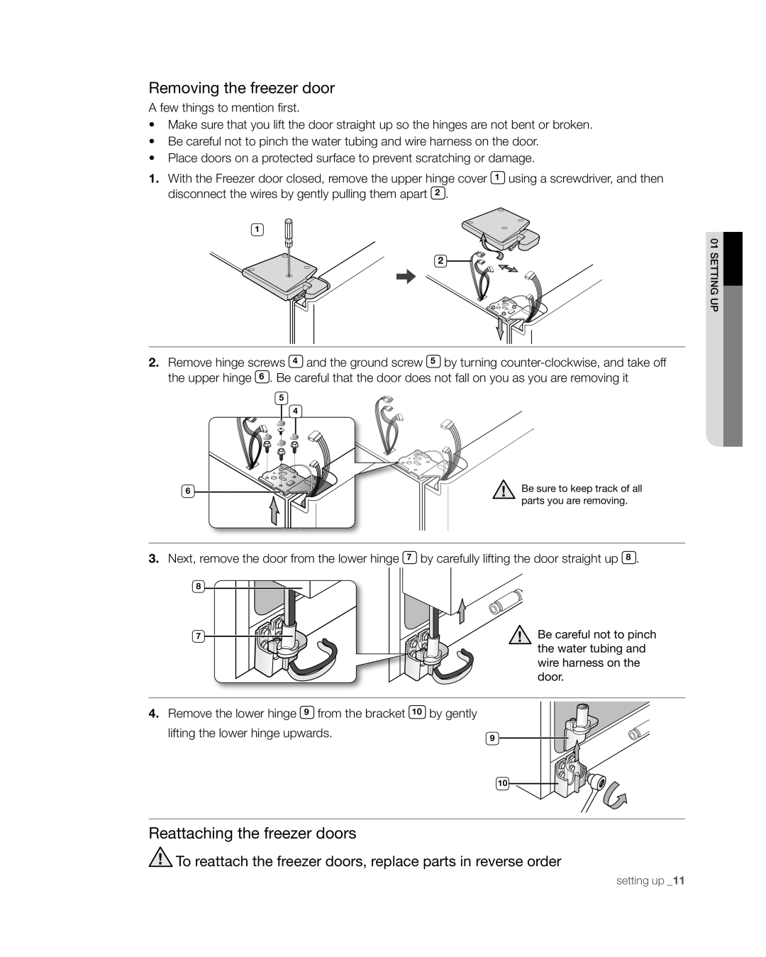 Samsung RSG257 user manual Reattaching the freezer doors 