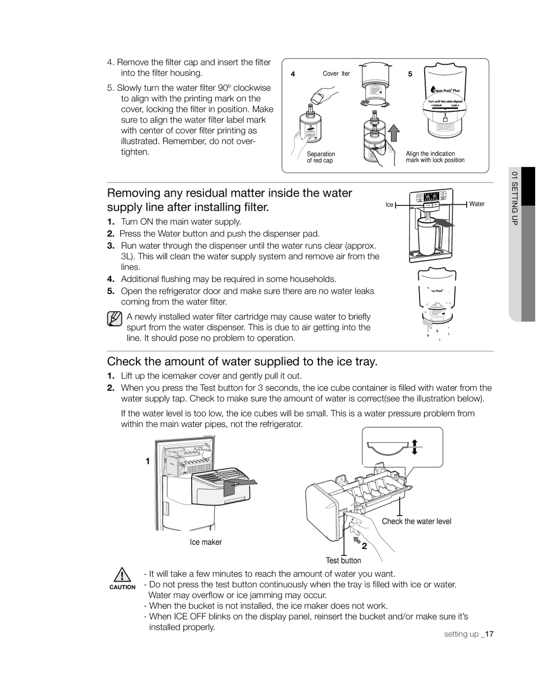 Samsung RSG257 Check the amount of water supplied to the ice tray, Lift up the icemaker cover and gently pull it out 