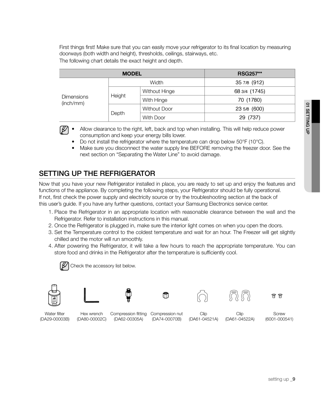 Samsung RSG257 user manual Setting uP tHe ReFRigeRAtoR, Model 