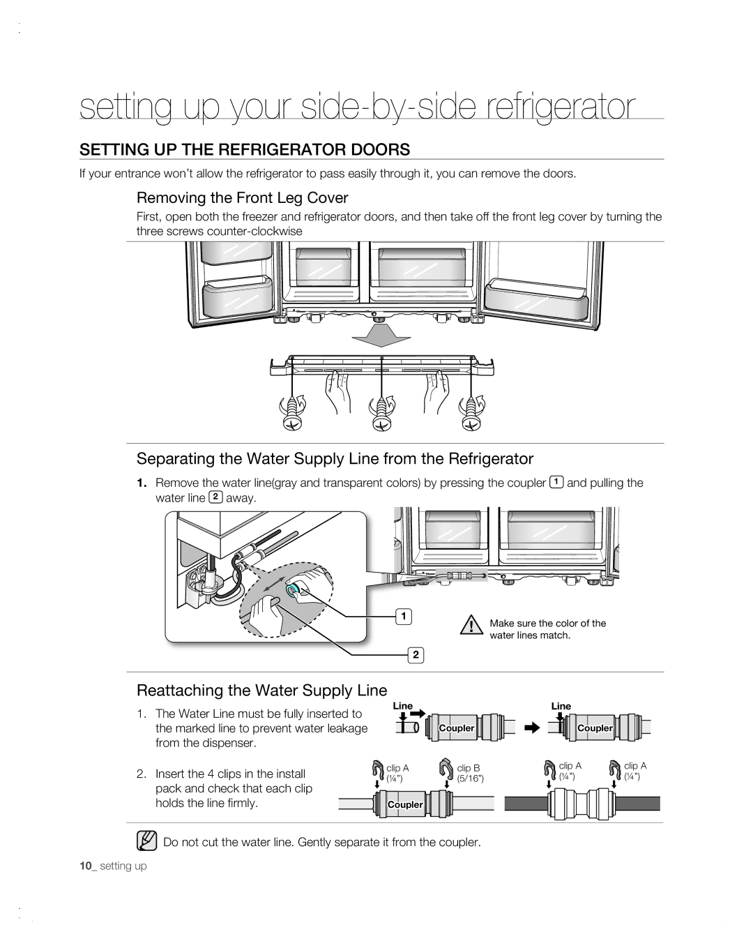 Samsung RSG257AA user manual Setting UP the refrigerator doors, Separating the Water Supply Line from the Refrigerator 