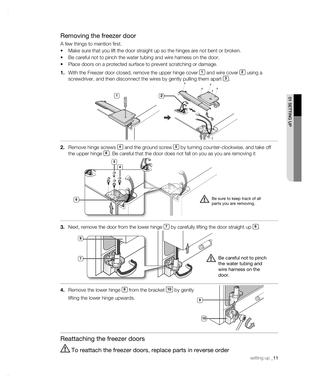 Samsung RSG257AA user manual Reattaching the freezer doors 