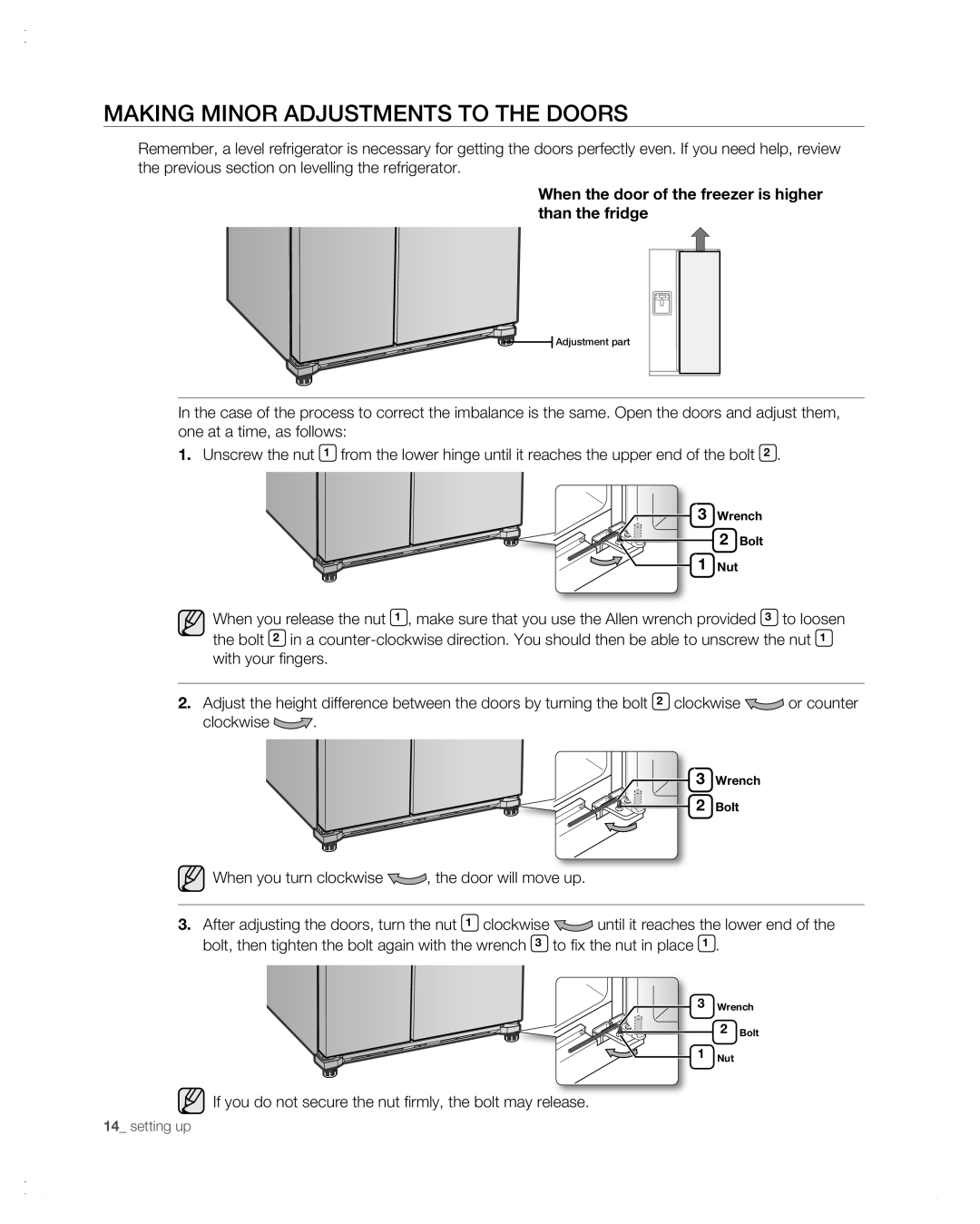 Samsung RSG257AA user manual Making mInor adjustments to the doors, When the door of the freezer is higher than the fridge 