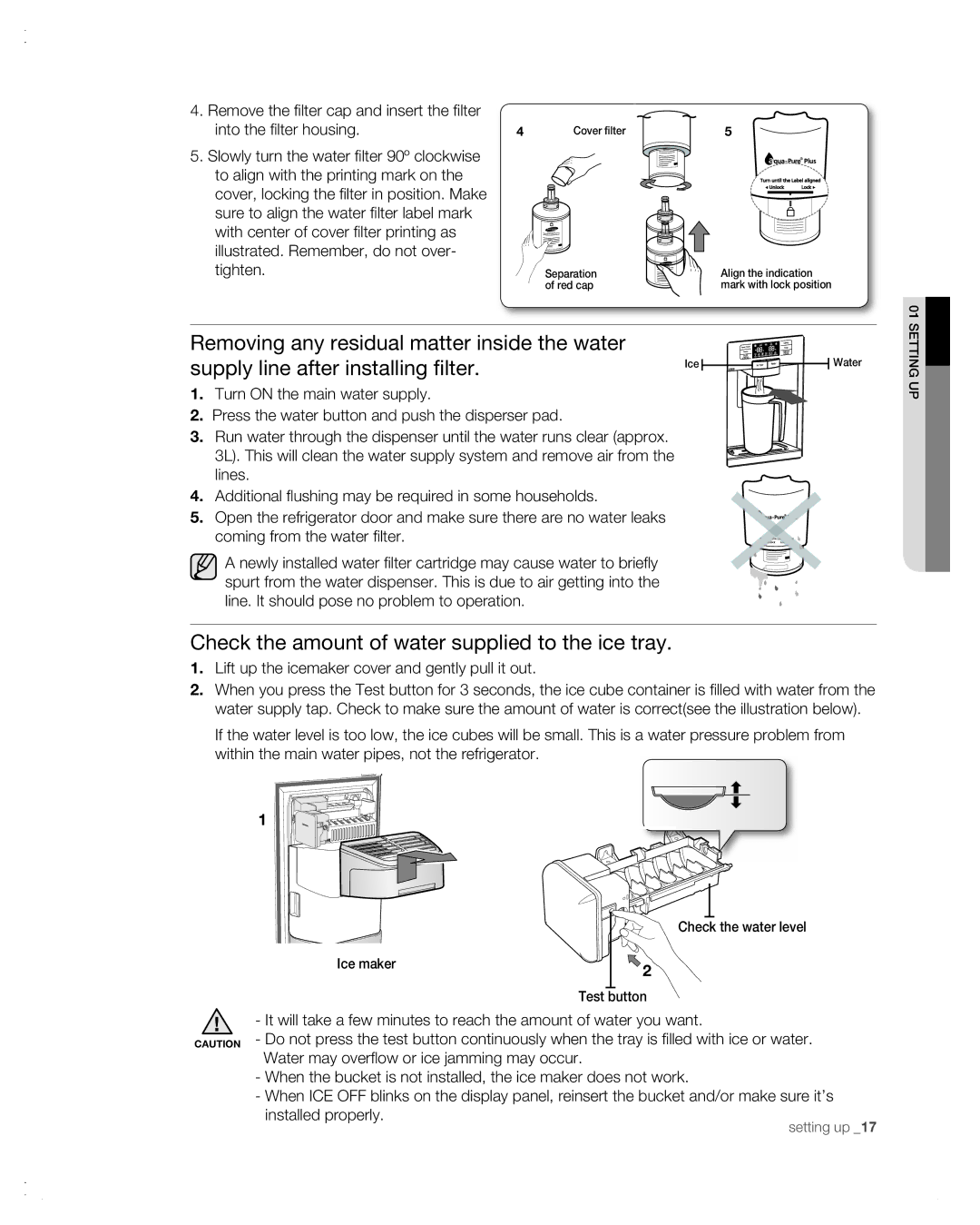 Samsung RSG257AA Check the amount of water supplied to the ice tray, Lift up the icemaker cover and gently pull it out 