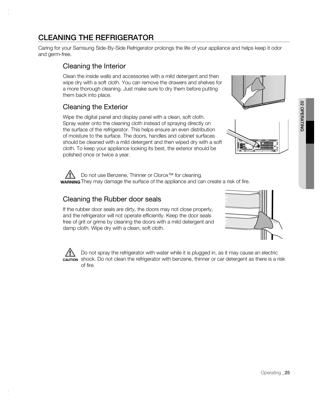 Samsung RSG257AA Cleaning the refrigerator, Cleaning the Interior, Cleaning the Exterior, Cleaning the Rubber door seals 