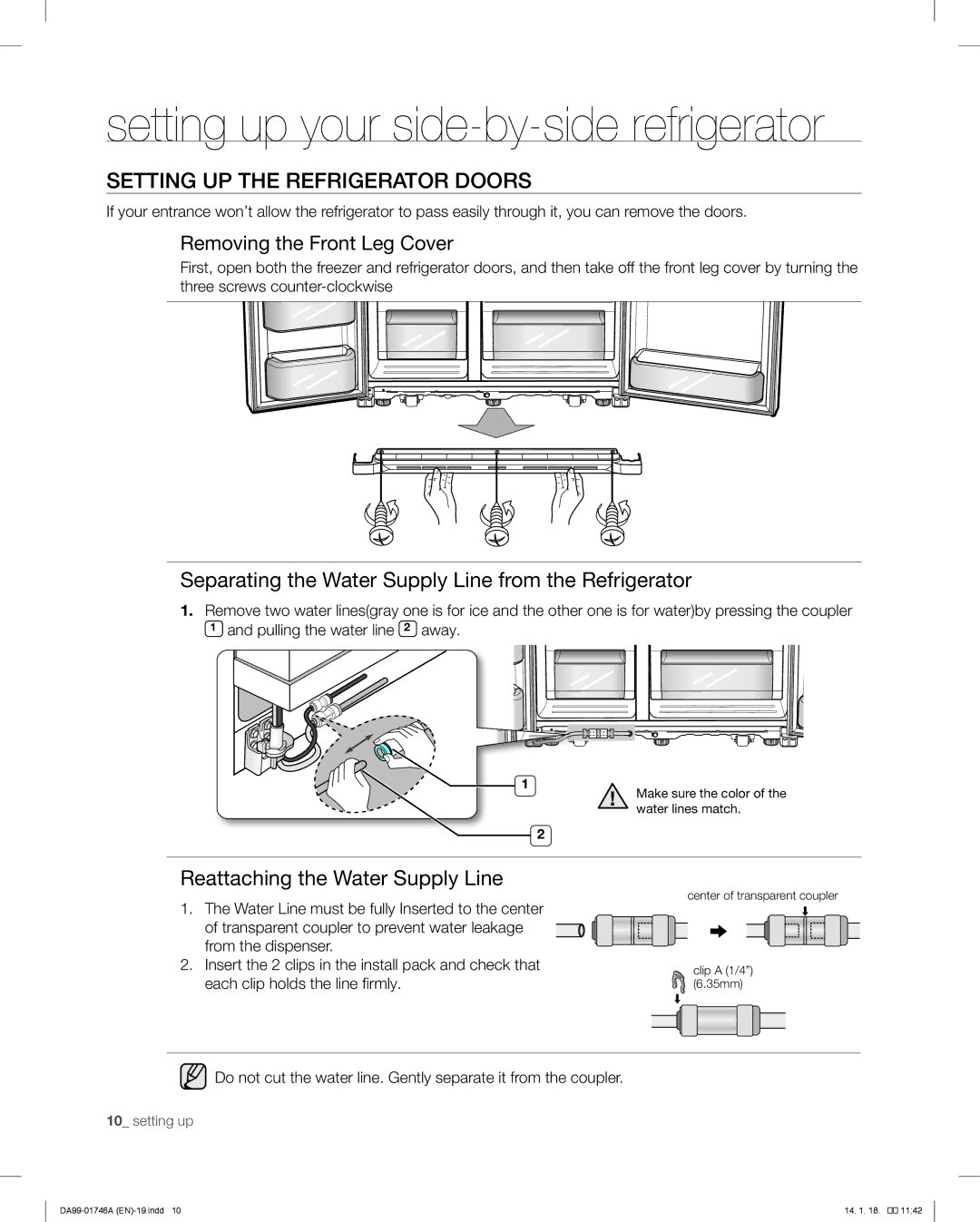 Samsung RSG257AA user manual Setting UP the Refrigerator Doors, Separating the Water Supply Line from the Refrigerator 