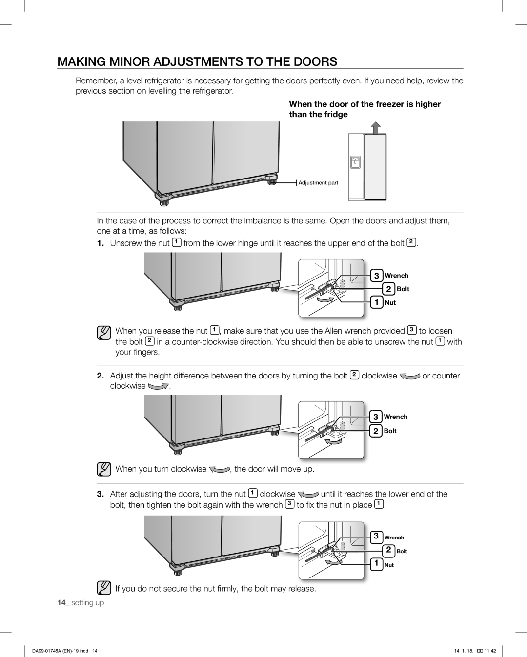 Samsung RSG257AA user manual Making Minor Adjustments to the Doors, When the door of the freezer is higher than the fridge 