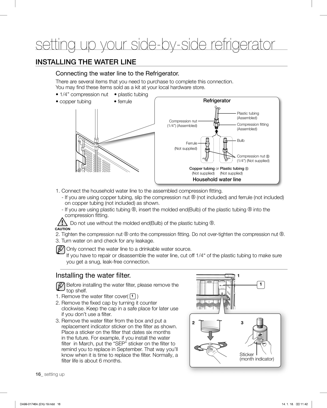 Samsung RSG257AA Installing the Water Line, Installing the water filter, Connecting the water line to the Refrigerator 