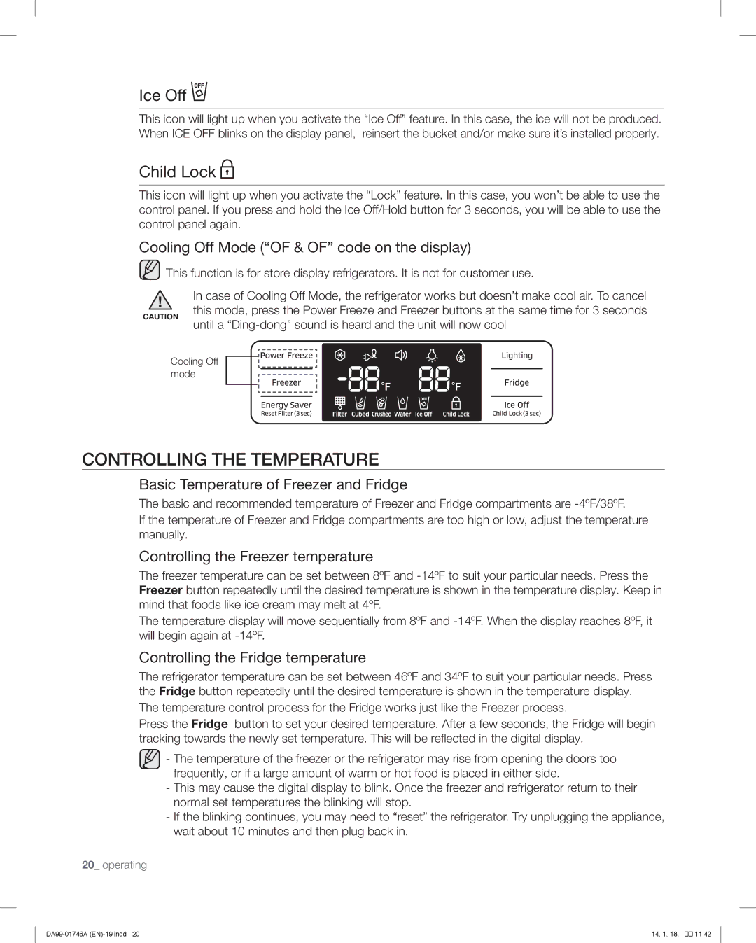 Samsung RSG257AA user manual Controlling the Temperature, Ice Off, Child Lock 