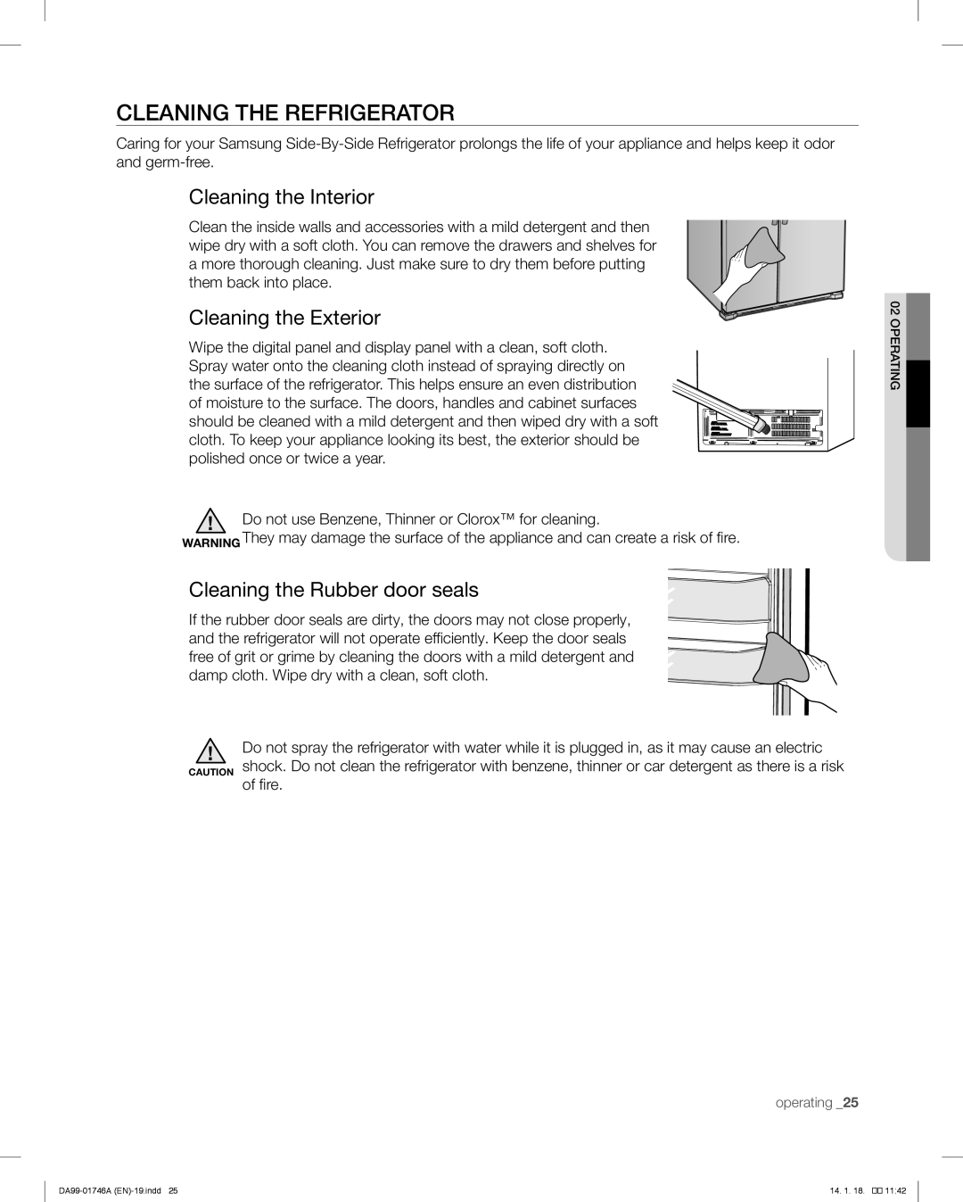 Samsung RSG257AA Cleaning the Refrigerator, Cleaning the Interior, Cleaning the Exterior, Cleaning the Rubber door seals 