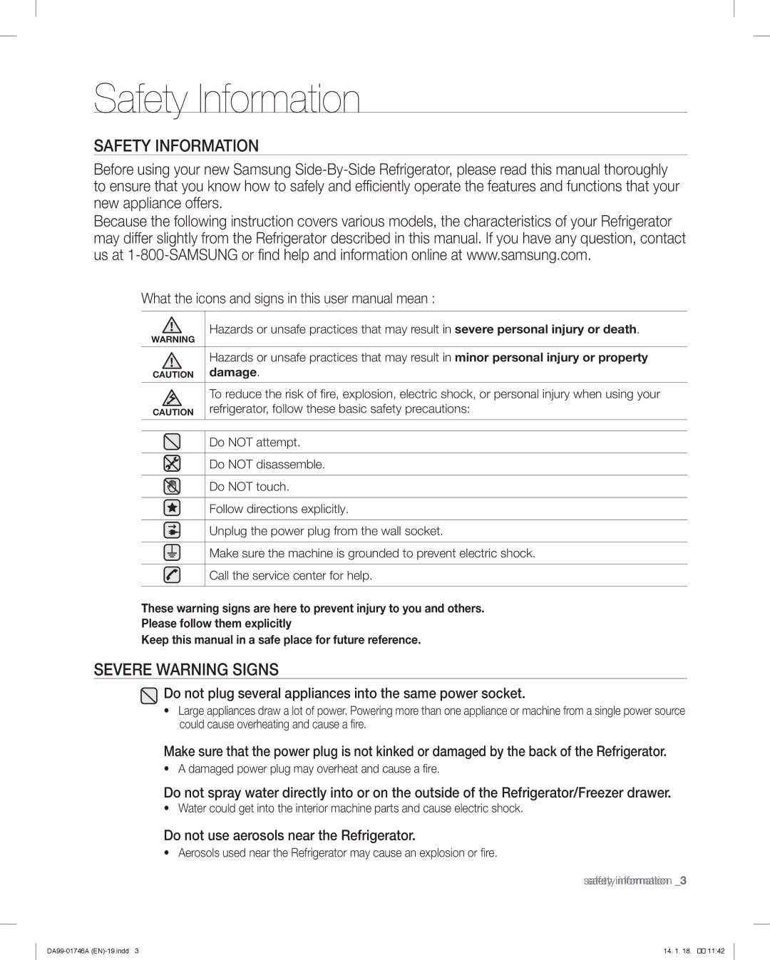 Samsung RSG257AA Safety Information, Severe Warning Signs, Do not plug several appliances into the same power socket 