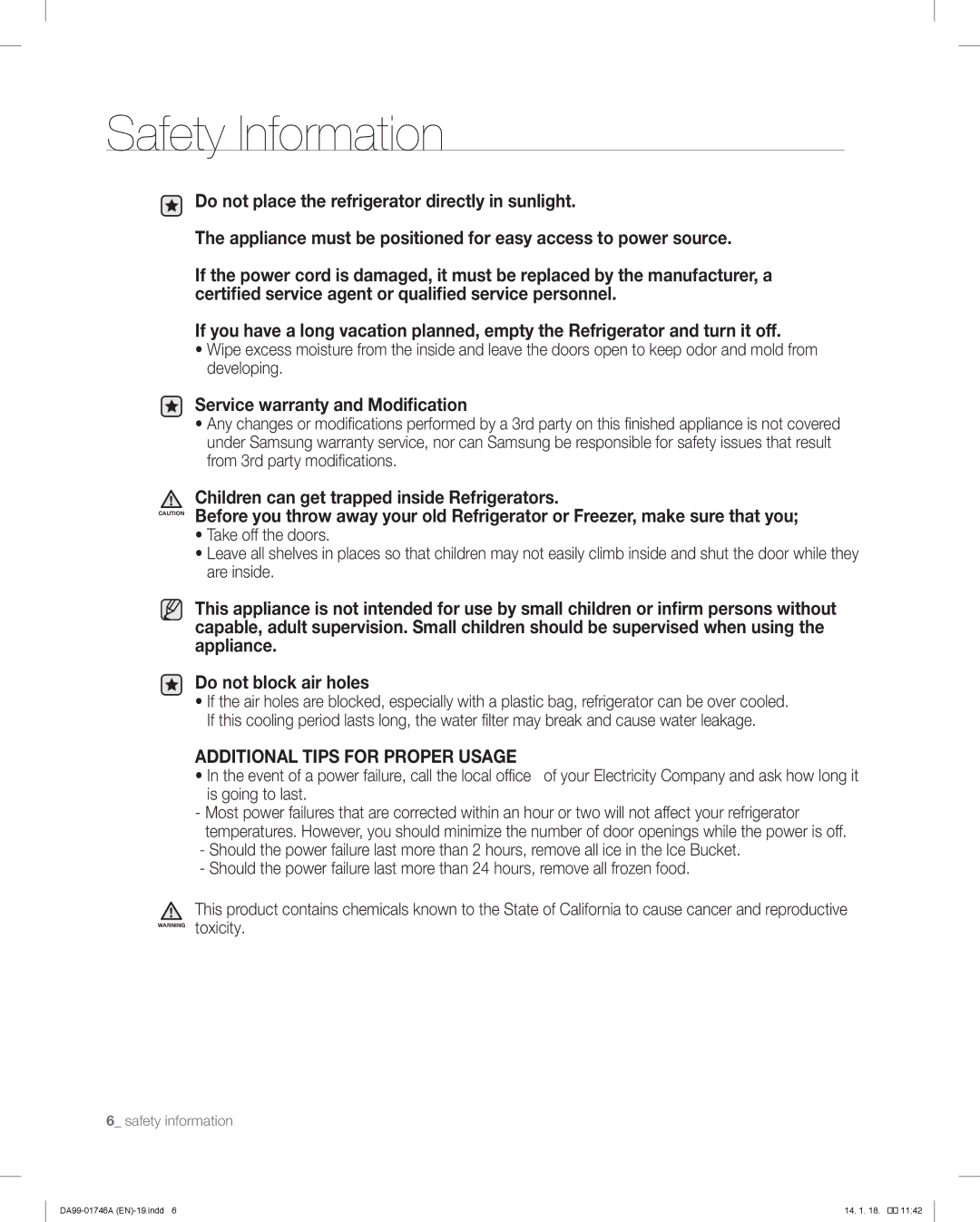 Samsung RSG257AA user manual Safety Information 