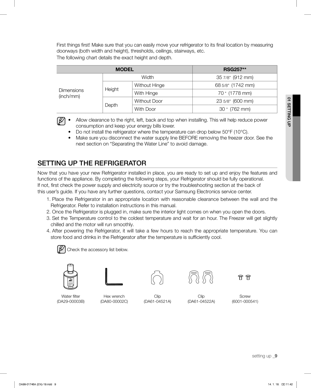 Samsung RSG257AA user manual Setting UP the Refrigerator 