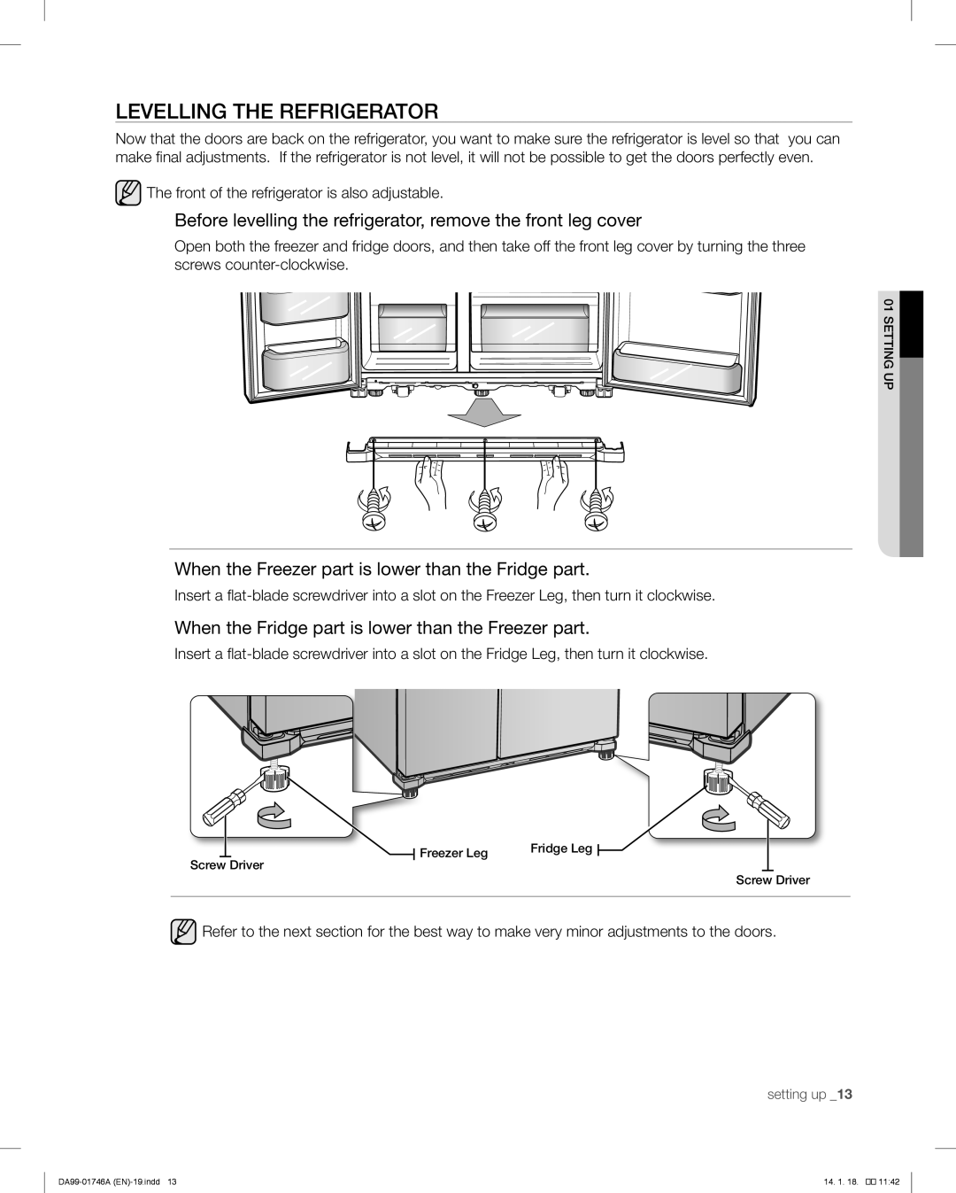 Samsung RSG257AA user manual Levelling The Refrigerator, Before levelling the refrigerator, remove the front leg cover 