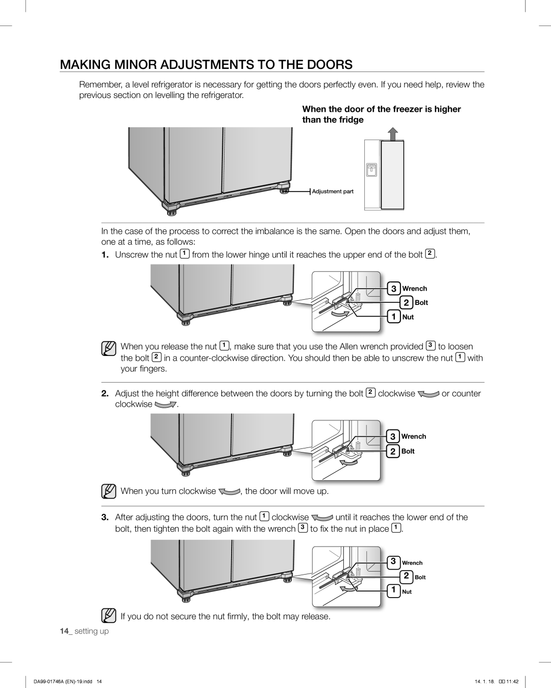 Samsung RSG257AA user manual Making Minor Adjustments To The Doors, When the door of the freezer is higher than the fridge 