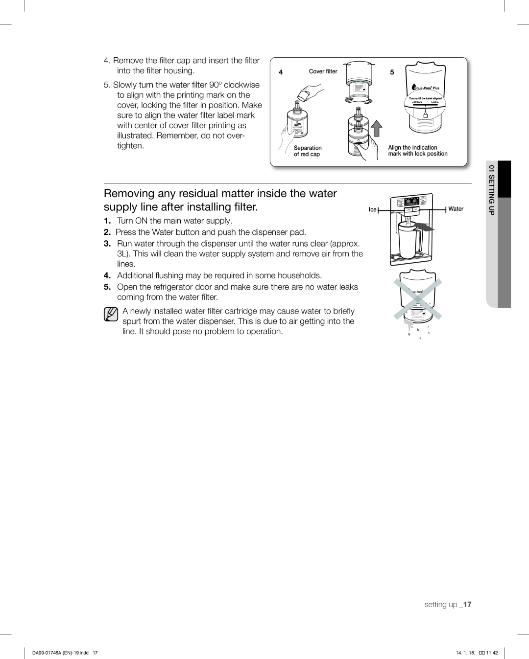 Samsung RSG257AA user manual Removing any residual matter inside the water, supply line after installing filter 