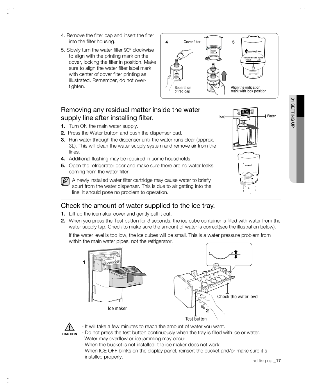 Samsung RSG257AABP Check the amount of water supplied to the ice tray, Lift up the icemaker cover and gently pull it out 