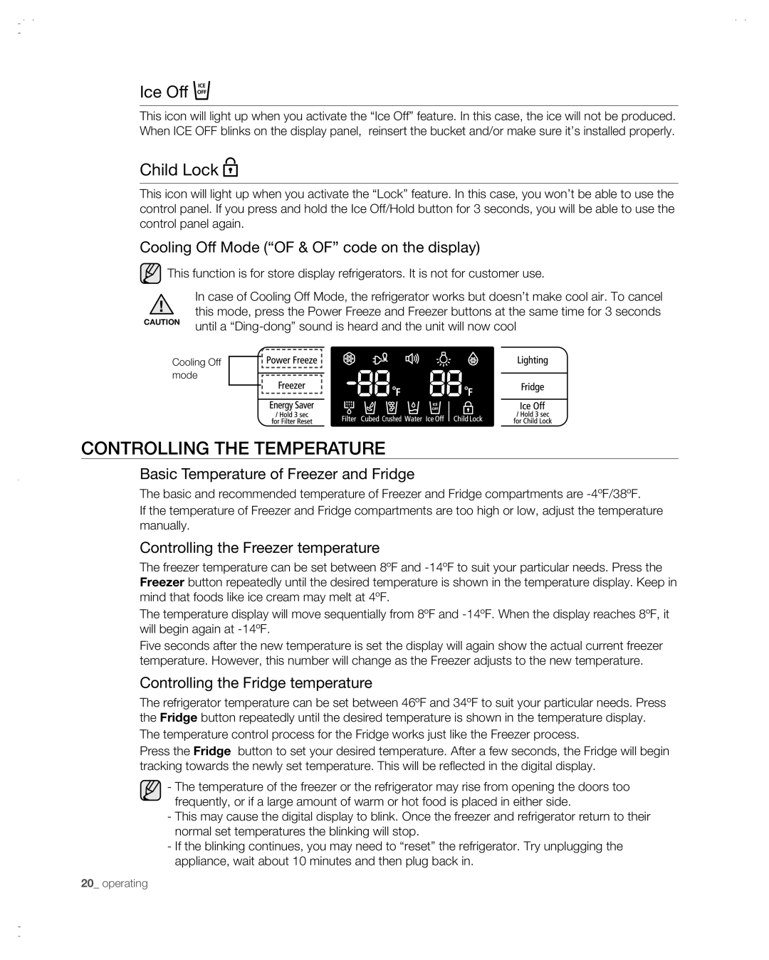 Samsung RSG257AABP user manual Controlling the temperature, Ice Off, Child Lock 