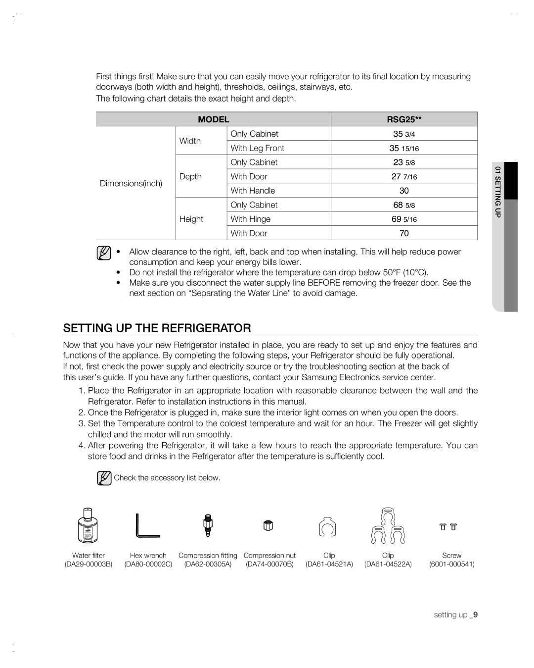 Samsung RSG257AABP user manual Setting uP tHe ReFRigeRAtoR, Model 