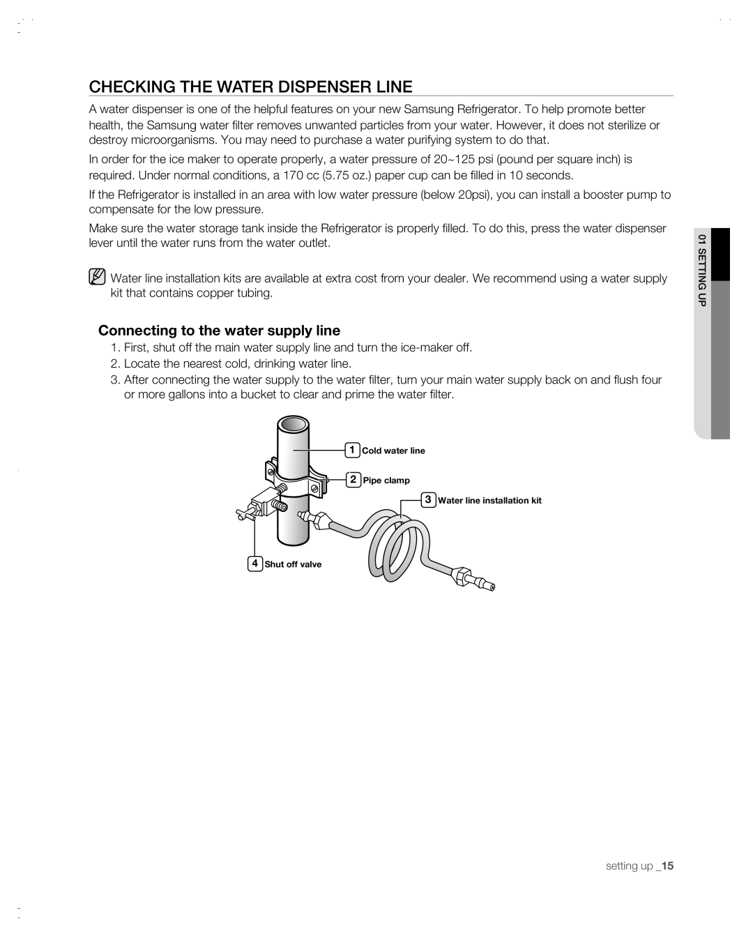 Samsung RSG257AABP user manual CHECKinG tHE wAtER DisPEnsER LinE, Connecting to the water supply line 