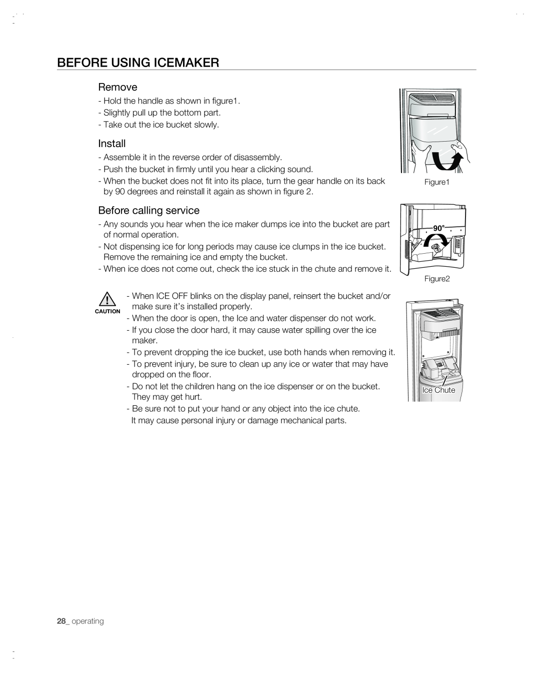 Samsung RSG257AABP user manual before using icemaker, Remove, Install, Before calling service 